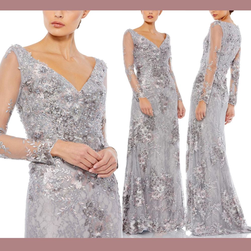 New $698 Mac Duggal [ 14 ] Embellished V-Neck Illusion Long Sleeve Gown #G1642
